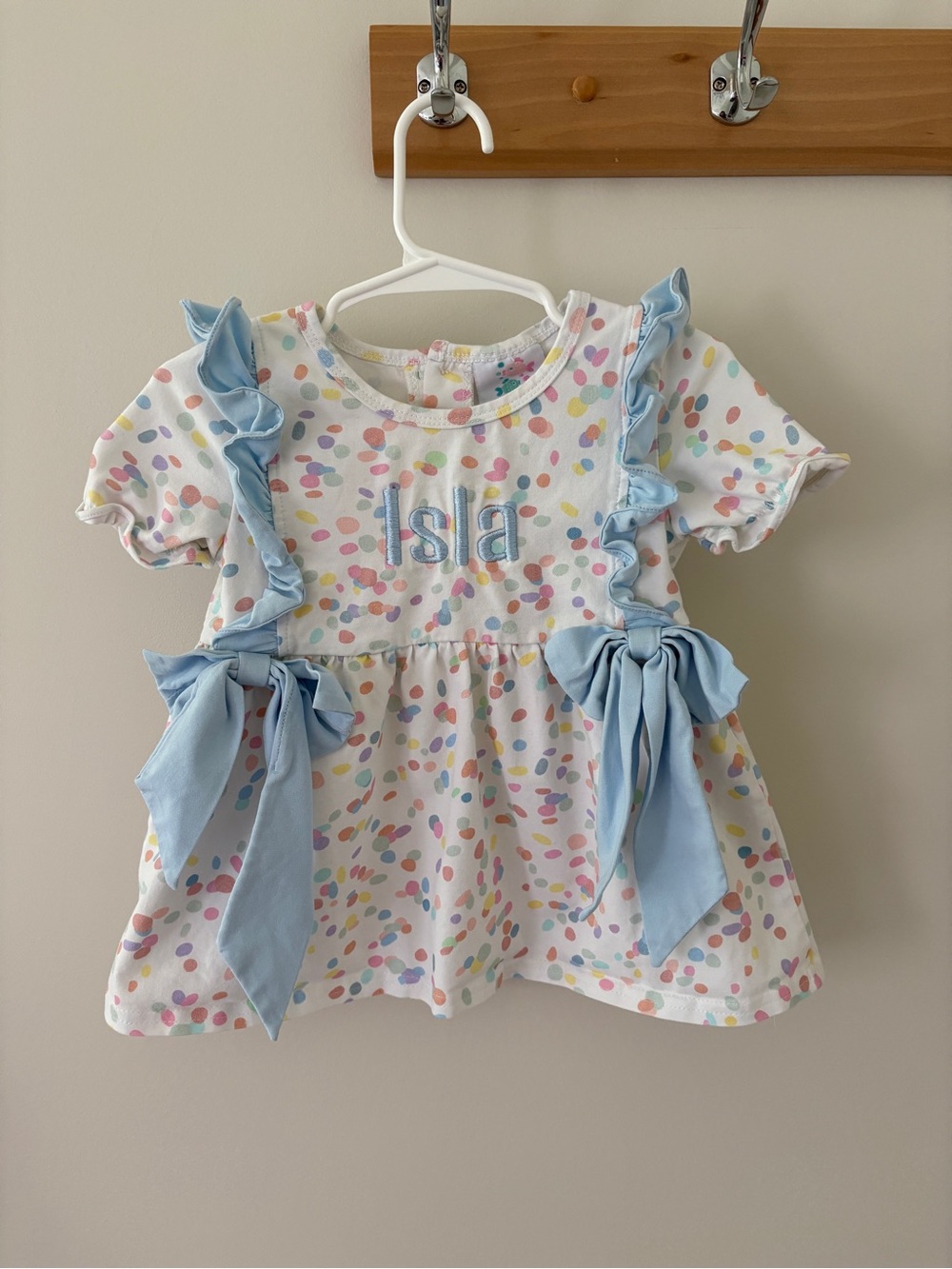 Embroidered "Isla" Confetti Baby Dress with Blue Ruffles